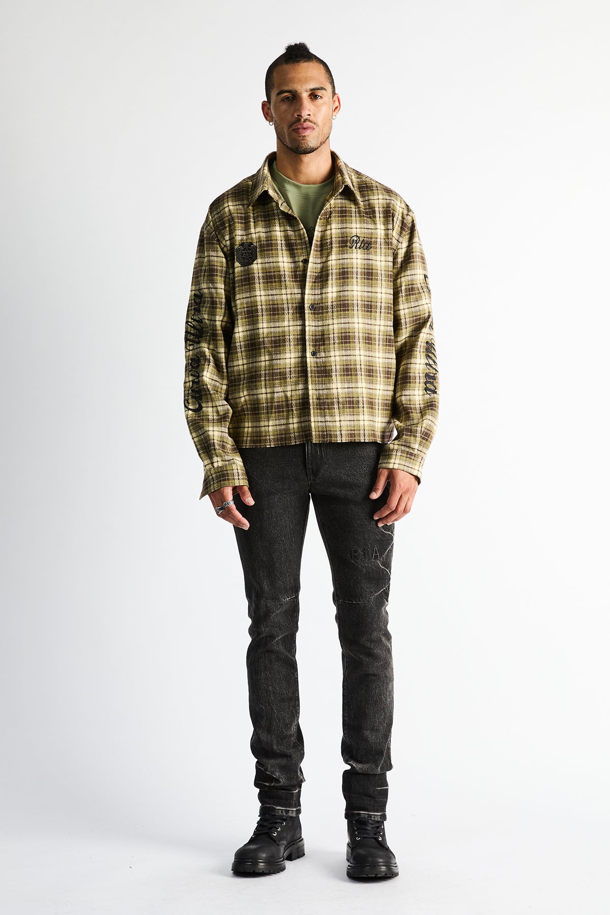 RYNOR CROPPED BUTTON UP SHIRT | OLIVE PLAID - Image 5